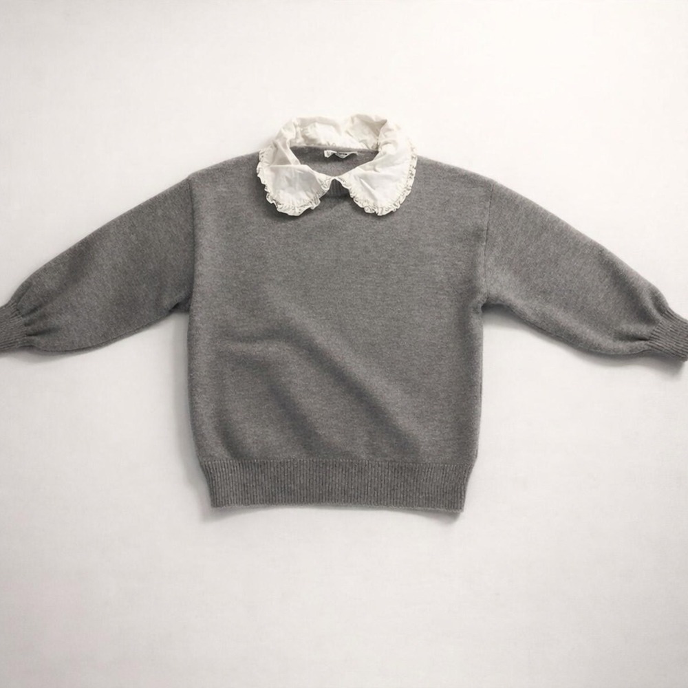 In The Beginning Grey Peter Pan Collar Ruffle Knit Sweater Womens Medium Cozy